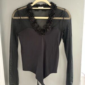 Wolford Black Sheer Mesh Long-Sleeve Bodysuit with Floral Trim